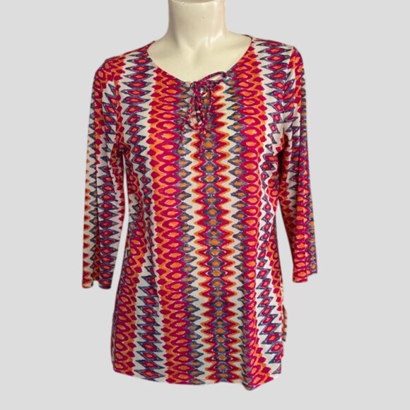 Chico's Colorful Multicolor Tribal Stripe Boho Lightweight 3/4 Sleeve Top - Picture 1 of 12
